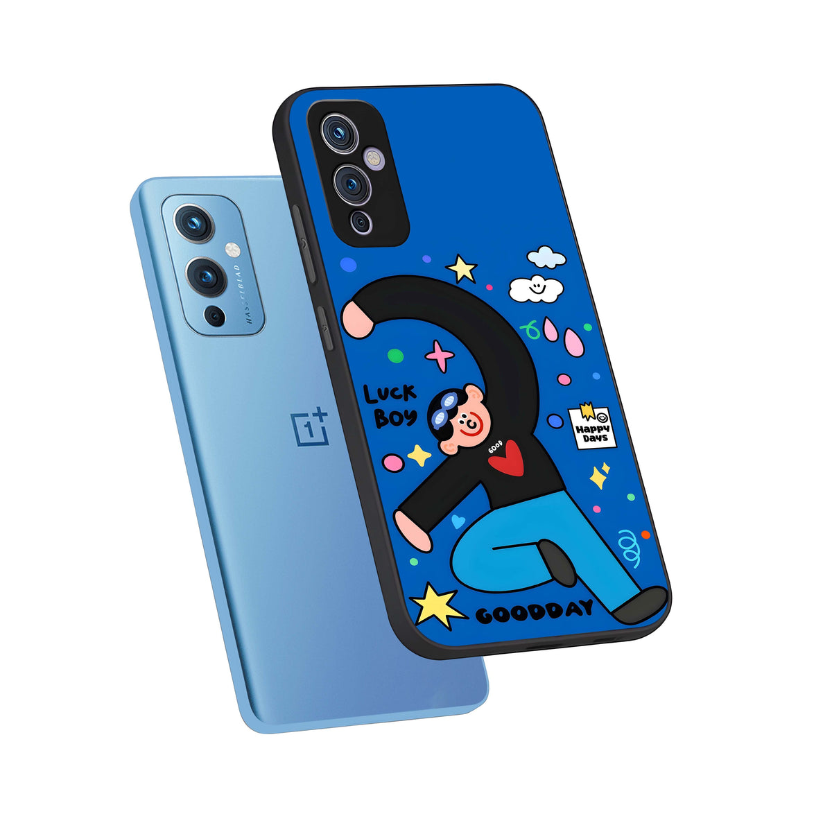  Happy Luck Vibe phone case For OnePlus 9 showing premium glass back cover with detailed artwork