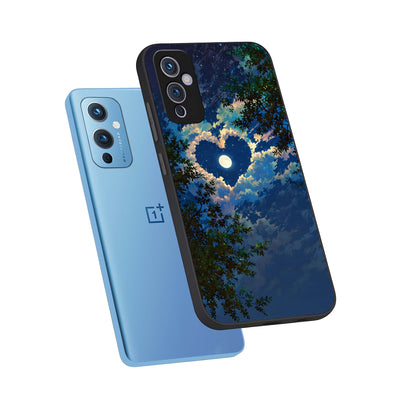  Heart With Moon Sky phone case For OnePlus 9 showing premium glass back cover with detailed artwork