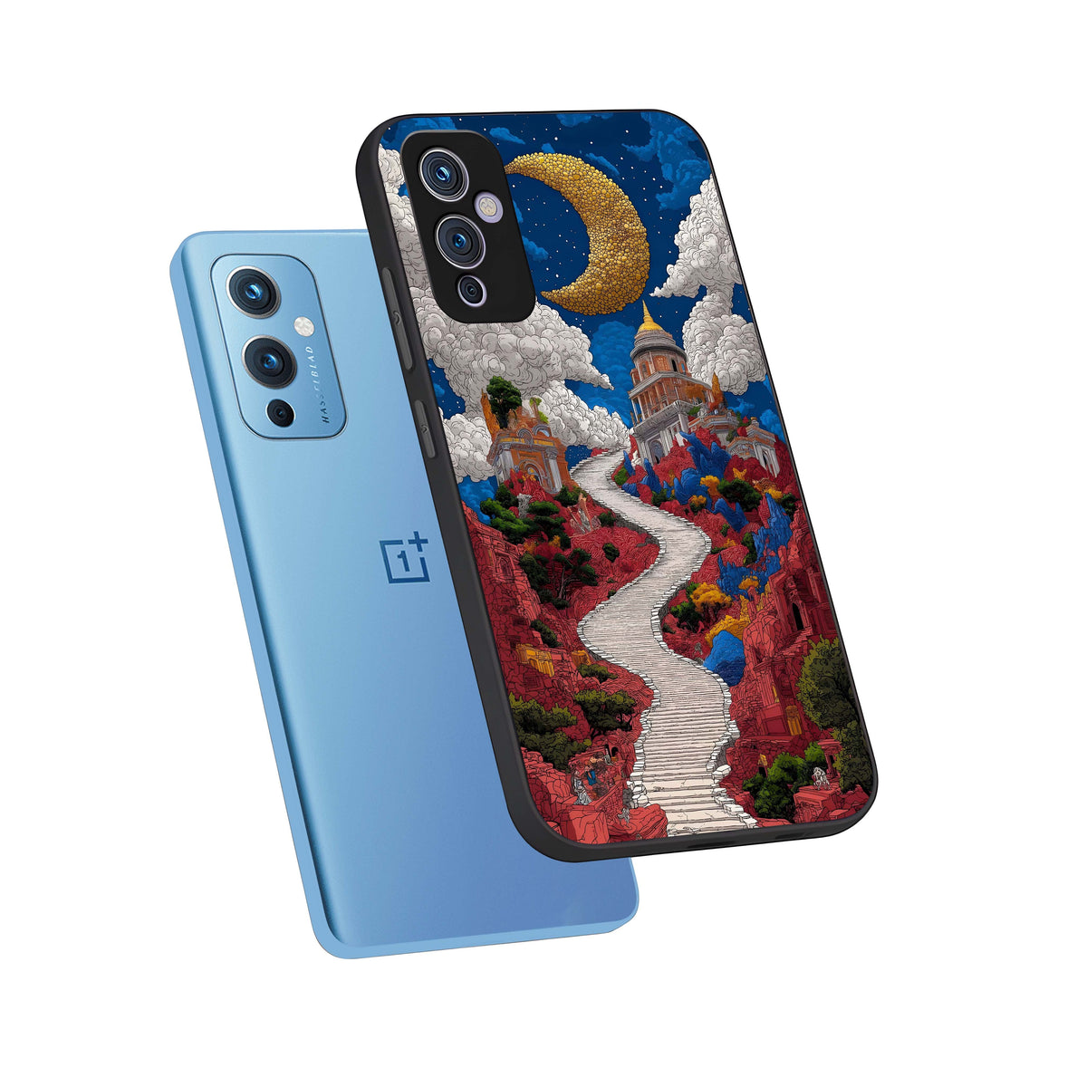  Heavenly Moon Path phone case For OnePlus 9 showing premium glass back cover with detailed artwork