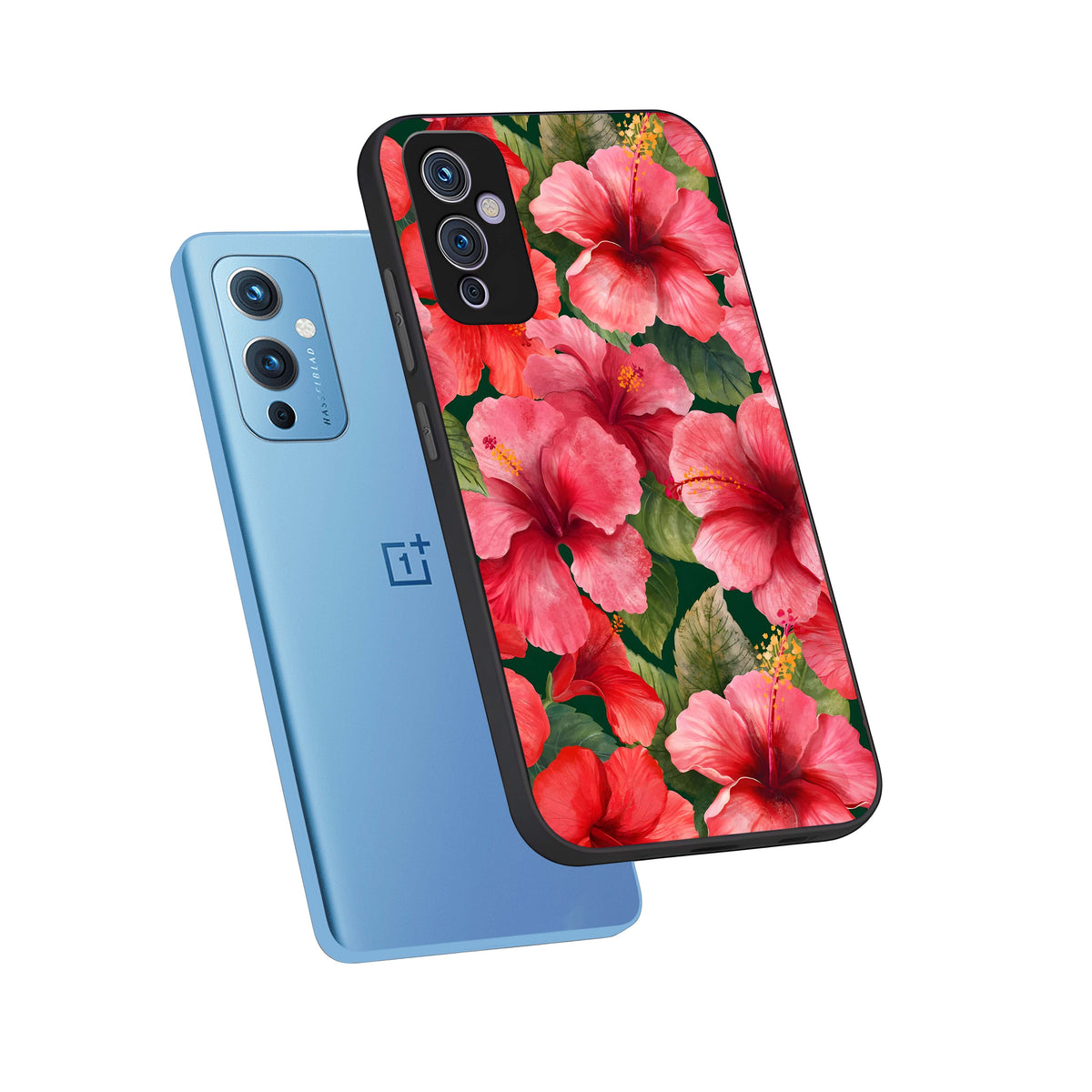  Hibiscus Pattern phone case For OnePlus 9 showing premium glass back cover with detailed artwork