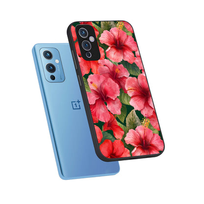  Hibiscus Pattern phone case For OnePlus 9 showing premium glass back cover with detailed artwork