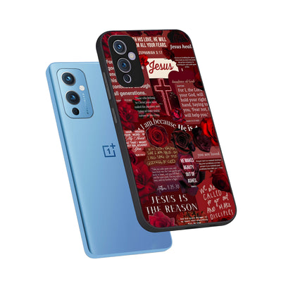  Jesus Love Heals phone case For OnePlus 9 showing premium glass back cover with detailed artwork