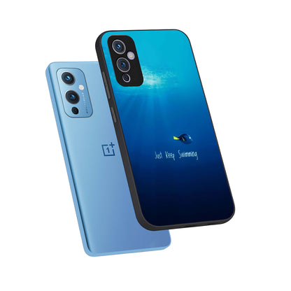  Just Keep Swimming phone case For OnePlus 9 showing premium glass back cover with detailed artwork