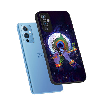  Krishna Hands Art phone case For OnePlus 9 showing premium glass back cover with detailed artwork