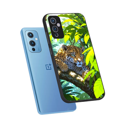  Leopard in Jungle phone case For OnePlus 9 showing premium glass back cover with detailed artwork