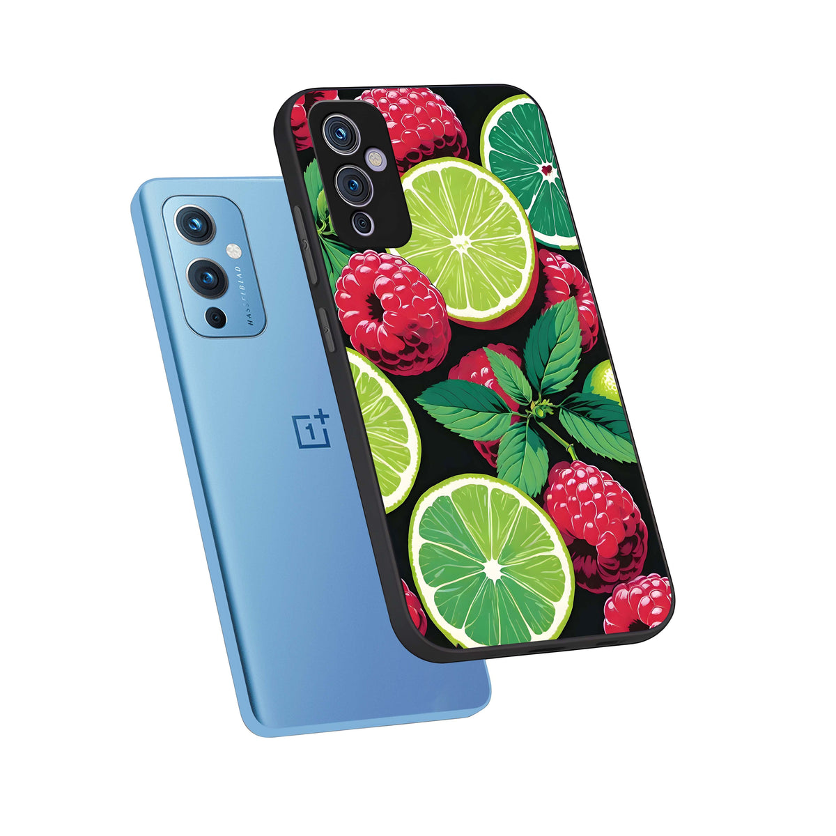  Lime and Raspberry Pattern phone case For OnePlus 9 showing premium glass back cover with detailed artwork