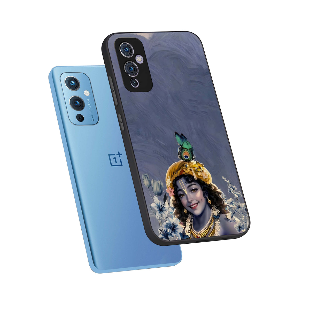  Lord Krishna phone case For OnePlus 9 showing premium glass back cover with detailed artwork