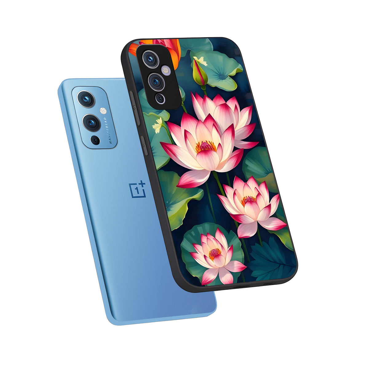  Lotus Dream Serenity phone case For OnePlus 9 showing premium glass back cover with detailed artwork