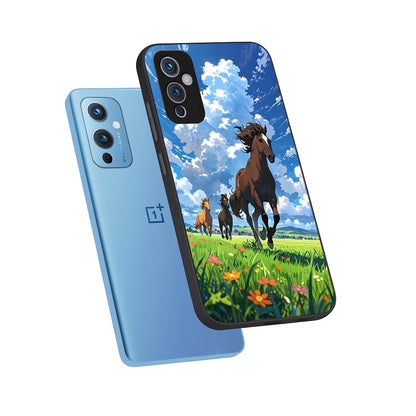  Majestic Horses Galloping phone case For OnePlus 9 showing premium glass back cover with detailed artwork