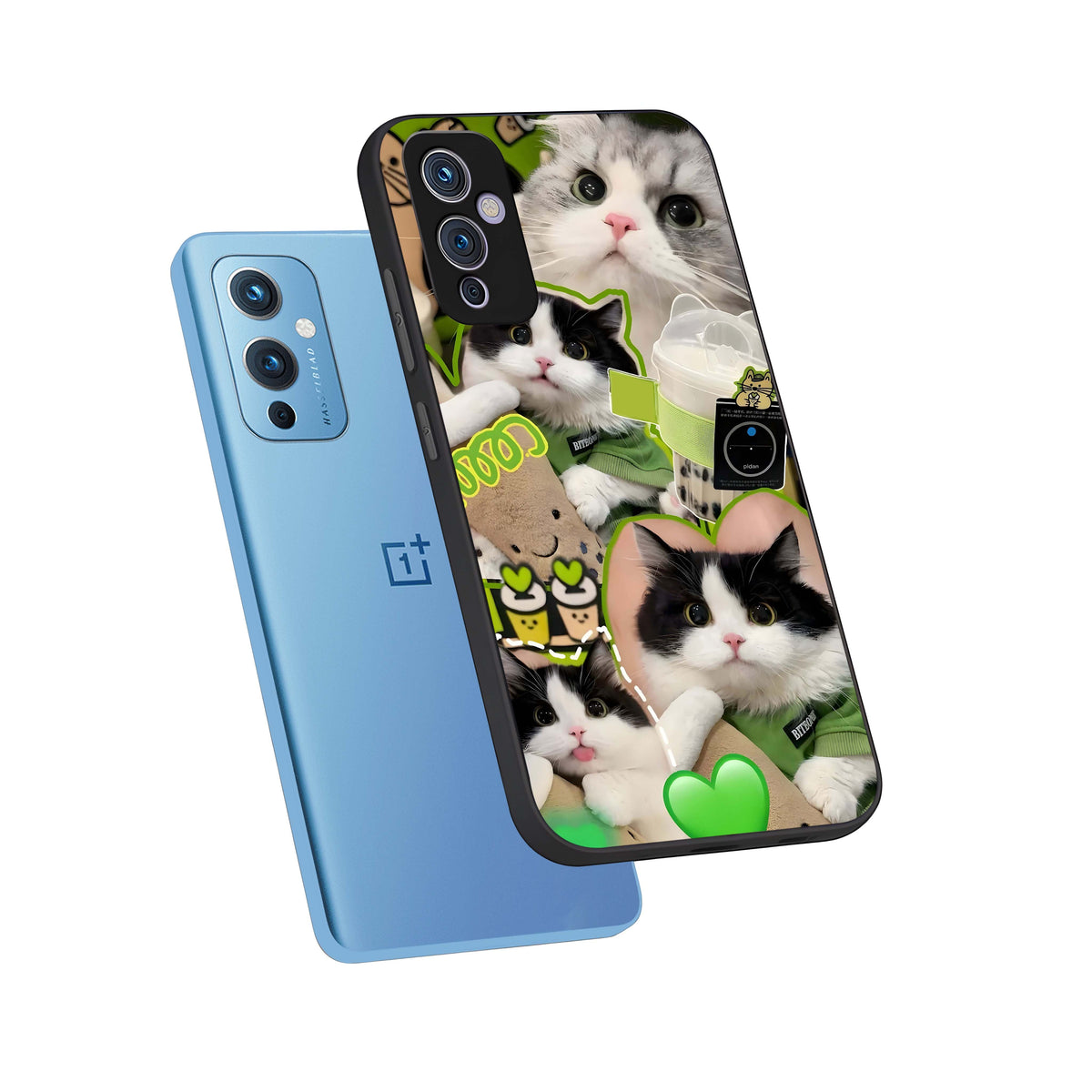  Matcha Cats Mood phone case For OnePlus 9 showing premium glass back cover with detailed artwork