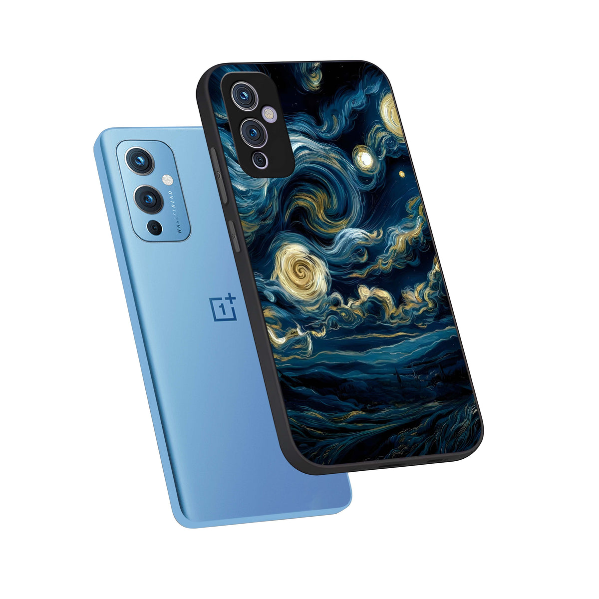  Midnight Sky Whirl phone case For OnePlus 9 showing premium glass back cover with detailed artwork
