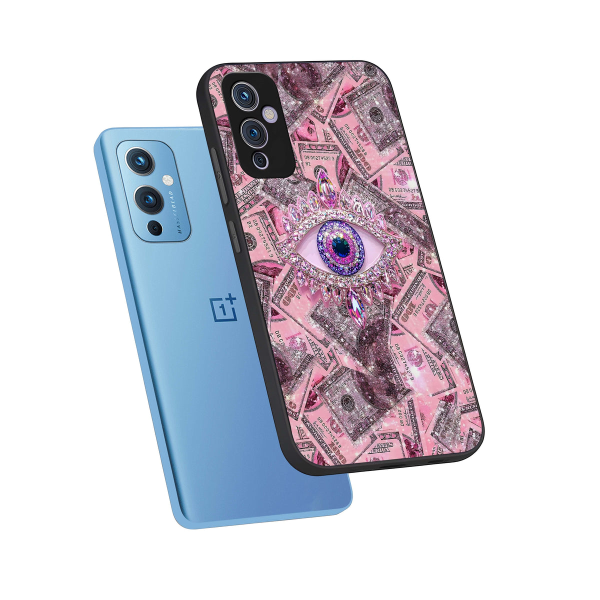  Money Eye Luxe phone case For OnePlus 9 showing premium glass back cover with detailed artwork
