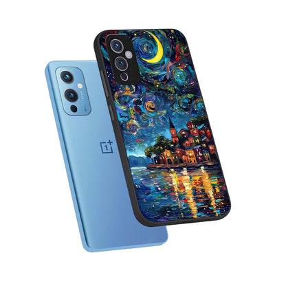  Moonlight Harbor Glow phone case For OnePlus 9 showing premium glass back cover with detailed artwork