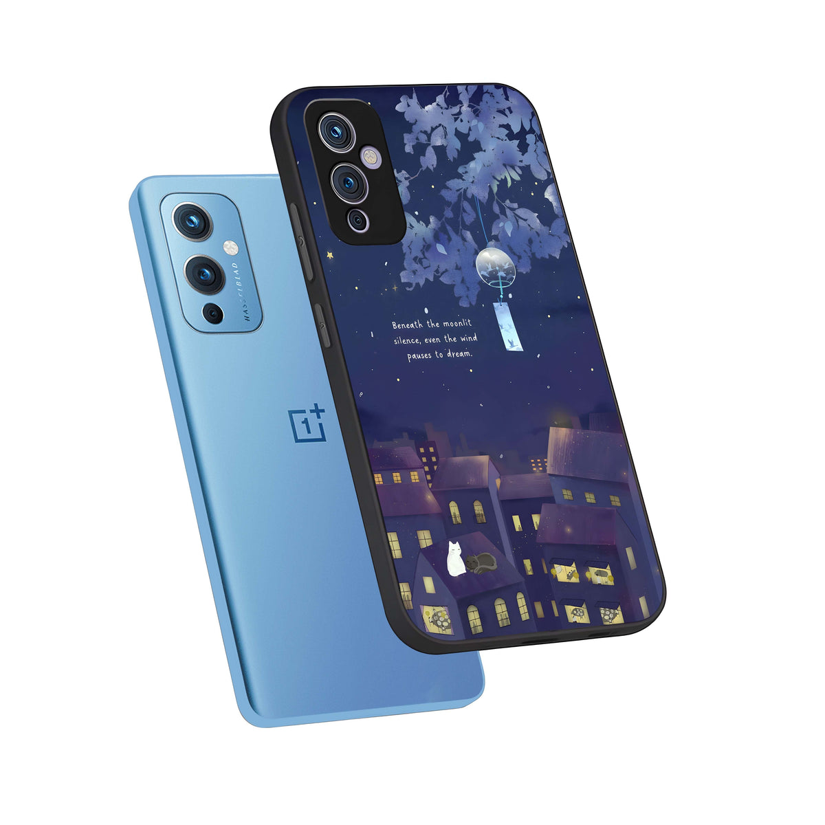  Moonlit Cat Silence phone case For OnePlus 9 showing premium glass back cover with detailed artwork