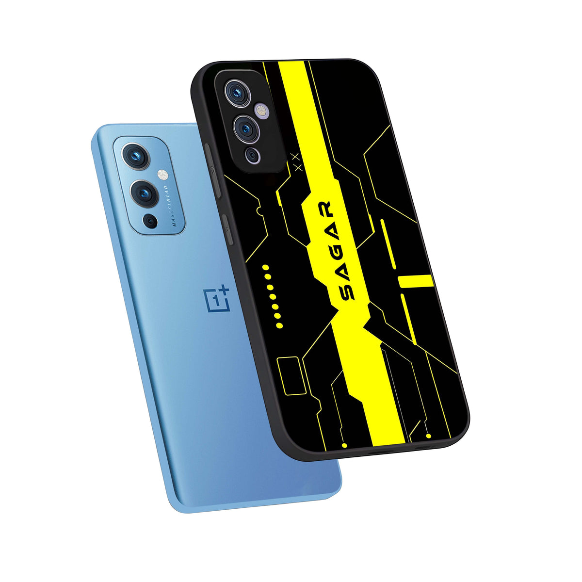  Neon CYBERPUNK Custom Name phone case For OnePlus 9 showing premium glass back cover with detailed artwork