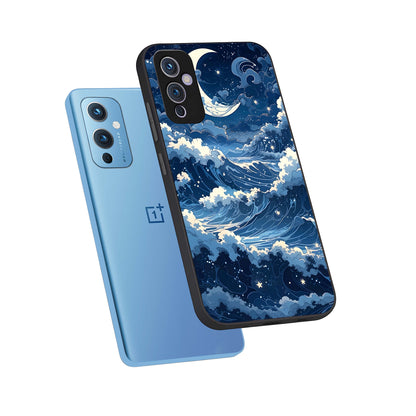  Ocean Moon Waves phone case For OnePlus 9 showing premium glass back cover with detailed artwork