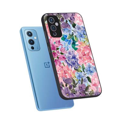  Pastel Floral Mix phone case For OnePlus 9 showing premium glass back cover with detailed artwork