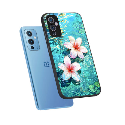  Pink Flowers in Water phone case For OnePlus 9 showing premium glass back cover with detailed artwork