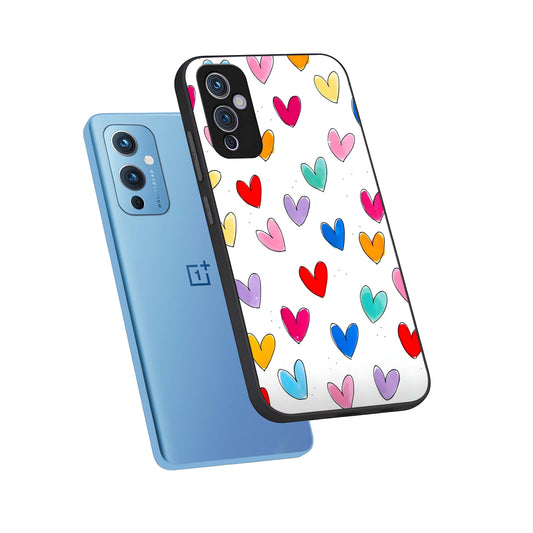  Playful Love Doodles phone case For OnePlus 9 showing premium glass back cover with detailed artwork