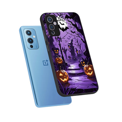  Pumpkin Patch Halloween phone case For OnePlus 9 showing premium glass back cover with detailed artwork