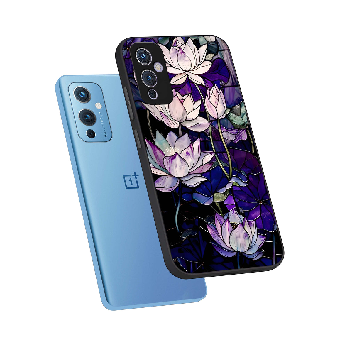  Purple Lotus Pattern phone case For OnePlus 9 showing premium glass back cover with detailed artwork