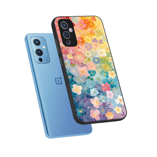 Rainbow Blossom Burst phone case For OnePlus 9 showing premium glass back cover with detailed artwork