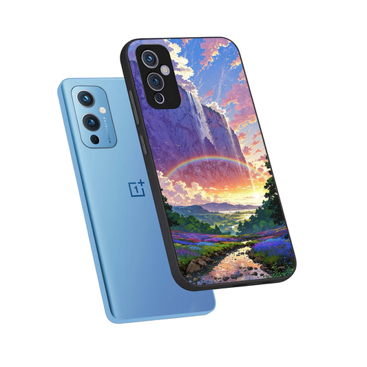  Rainbow Valley Dream phone case For OnePlus 9 showing premium glass back cover with detailed artwork