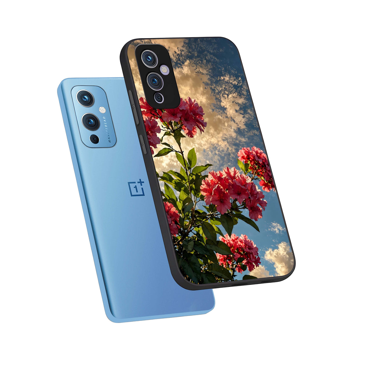  Red Bloom Skies phone case For OnePlus 9 showing premium glass back cover with detailed artwork