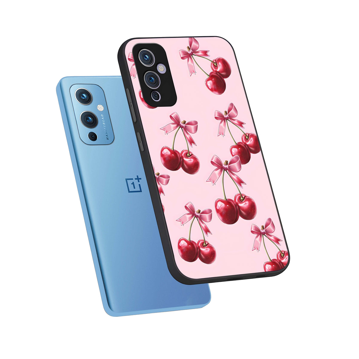  Red Cherries Pattern phone case For OnePlus 9 showing premium glass back cover with detailed artwork