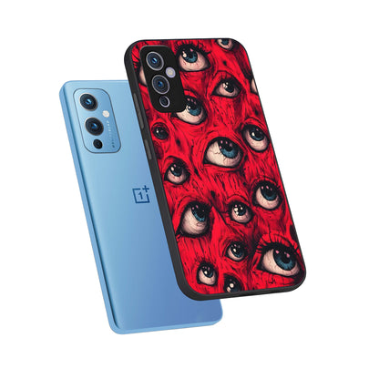  Red Eyes Pattern phone case For OnePlus 9 showing premium glass back cover with detailed artwork