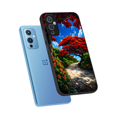  Red Trees Pathway phone case For OnePlus 9 showing premium glass back cover with detailed artwork