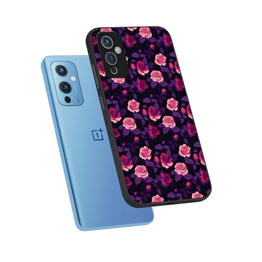  Rose Garden Twilight phone case For OnePlus 9 showing premium glass back cover with detailed artwork