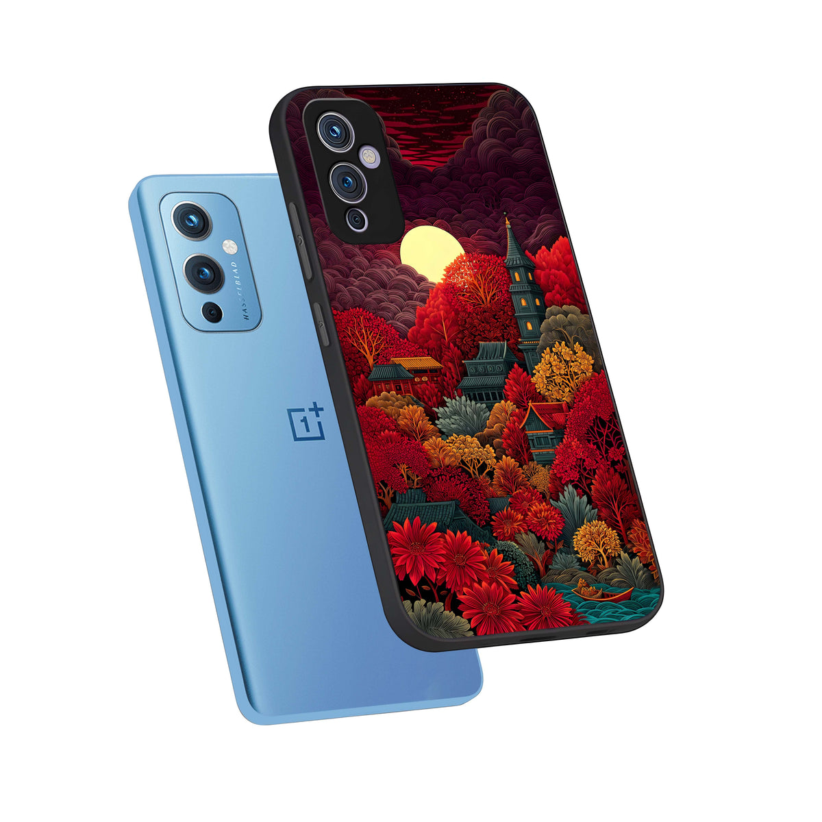  Scarlet Autumn Temple phone case For OnePlus 9 showing premium glass back cover with detailed artwork