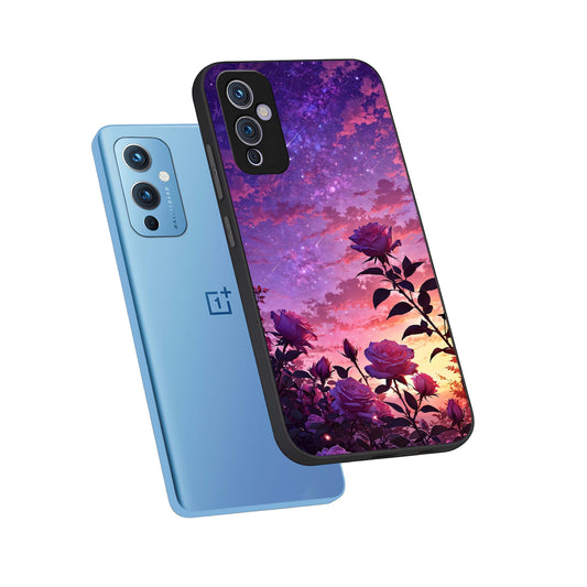  Starlit Rose Twilight phone case For OnePlus 9 showing premium glass back cover with detailed artwork