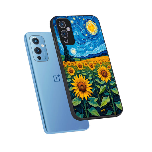  Starry Sunflower Dreams phone case For OnePlus 9 showing premium glass back cover with detailed artwork