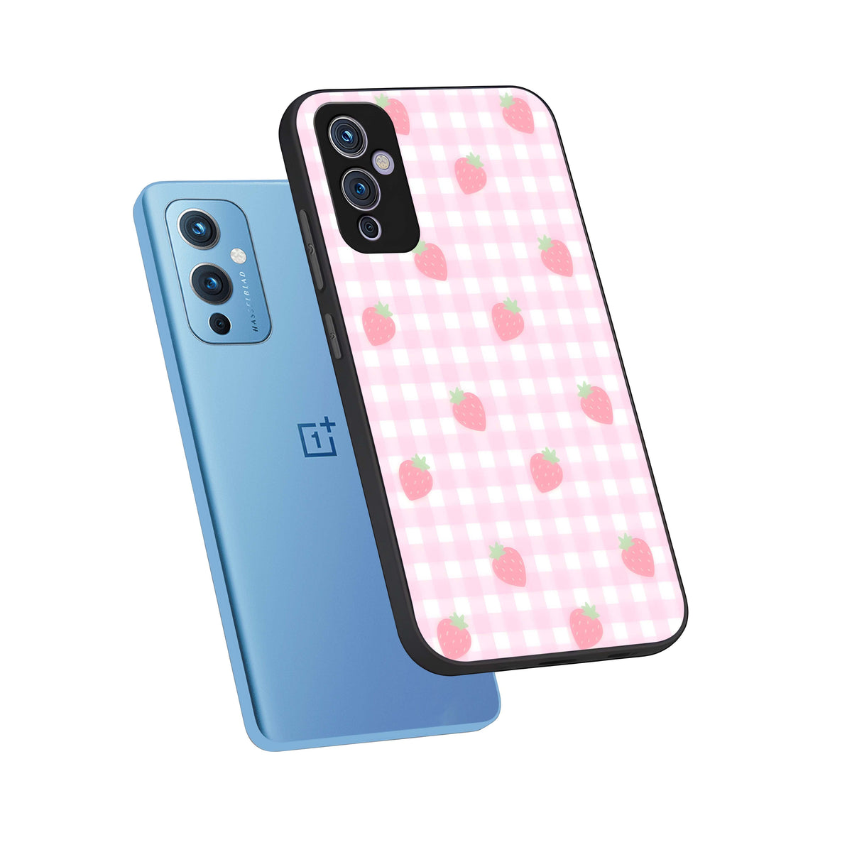  Strawberry Picnic Love phone case For OnePlus 9 showing premium glass back cover with detailed artwork