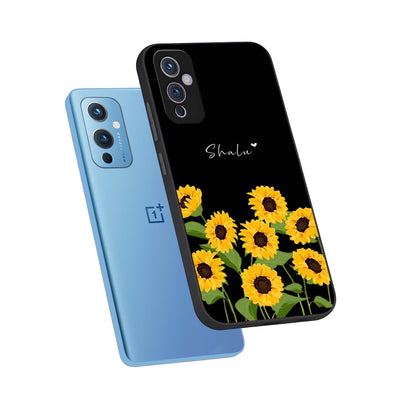  Sunflower Sky Bloom phone case For OnePlus 9 showing premium glass back cover with detailed artwork