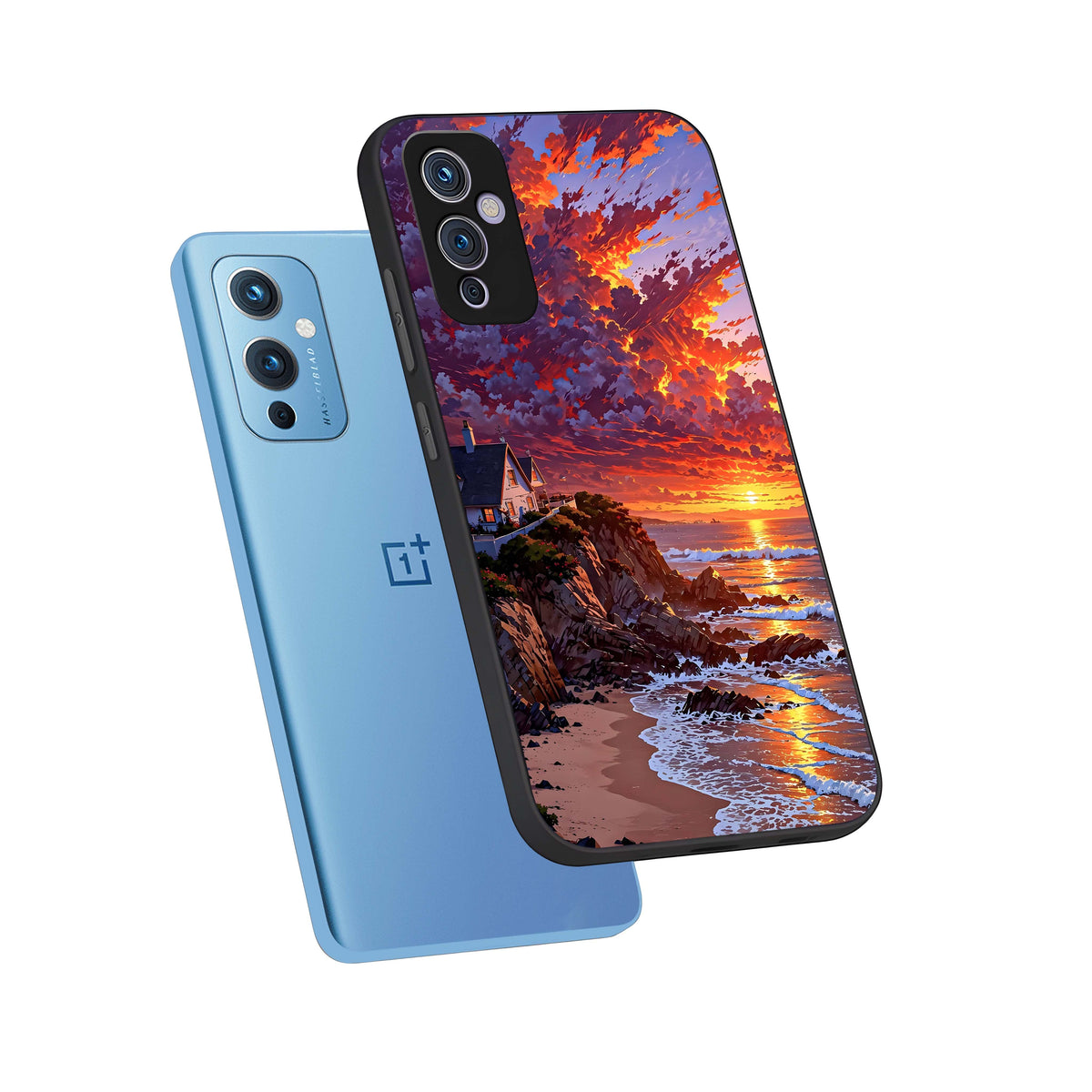  Sunset House By Sea phone case For OnePlus 9 showing premium glass back cover with detailed artwork