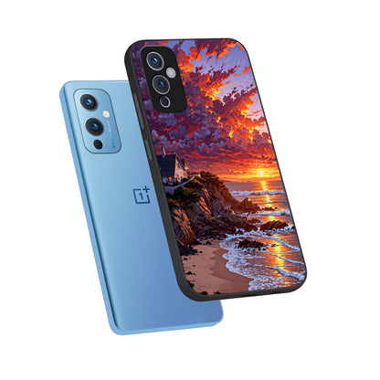  Sunset House By Sea phone case For OnePlus 9 showing premium glass back cover with detailed artwork