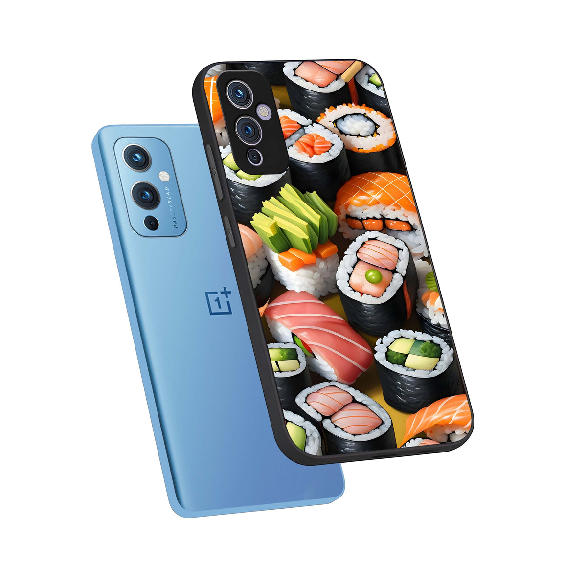  Sushi Food Pattern phone case For OnePlus 9 showing premium glass back cover with detailed artwork