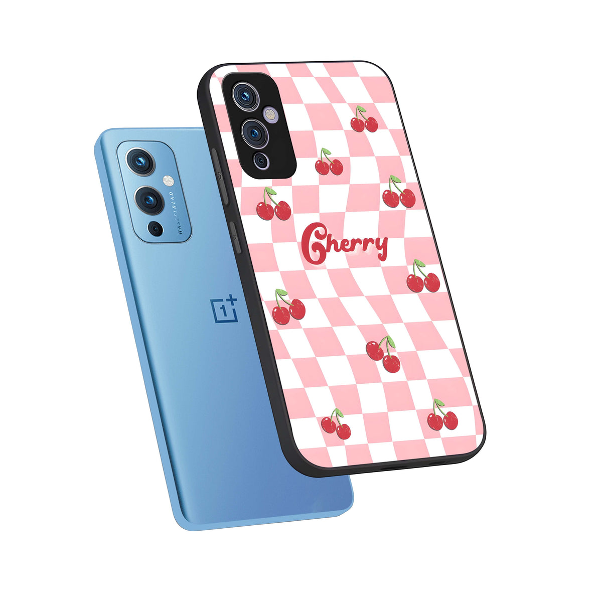  Sweet Cherry Vibes phone case For OnePlus 9 showing premium glass back cover with detailed artwork