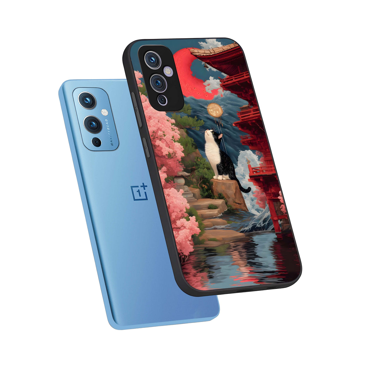  Temple Cat Scenery phone case For OnePlus 9 showing premium glass back cover with detailed artwork