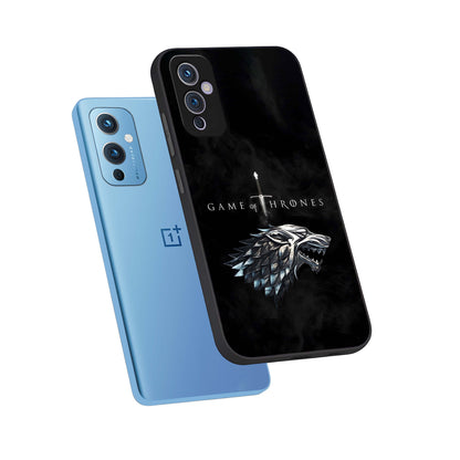  Throne Wolf Legacy phone case For OnePlus 9 showing premium glass back cover with detailed artwork