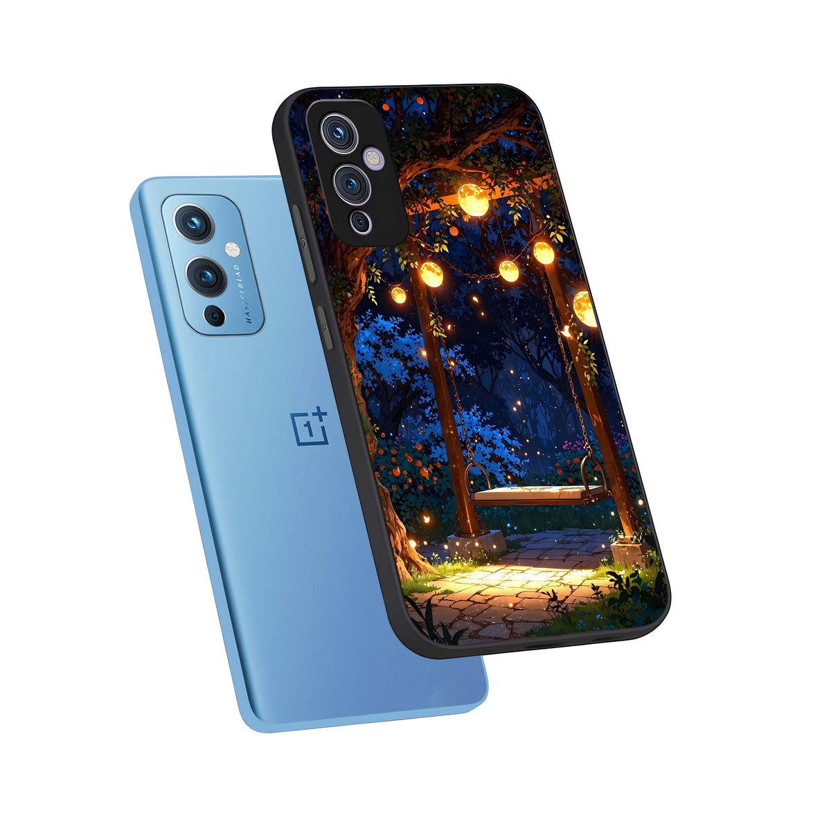  Twilight Garden Swing phone case For OnePlus 9 showing premium glass back cover with detailed artwork