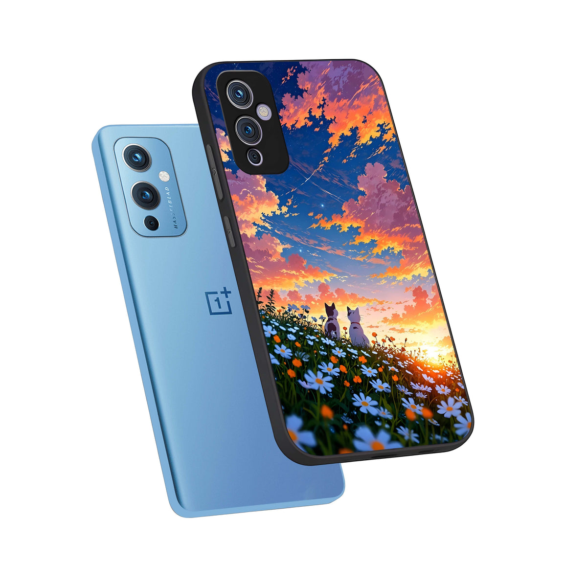  Two Cats Friends phone case For OnePlus 9 showing premium glass back cover with detailed artwork