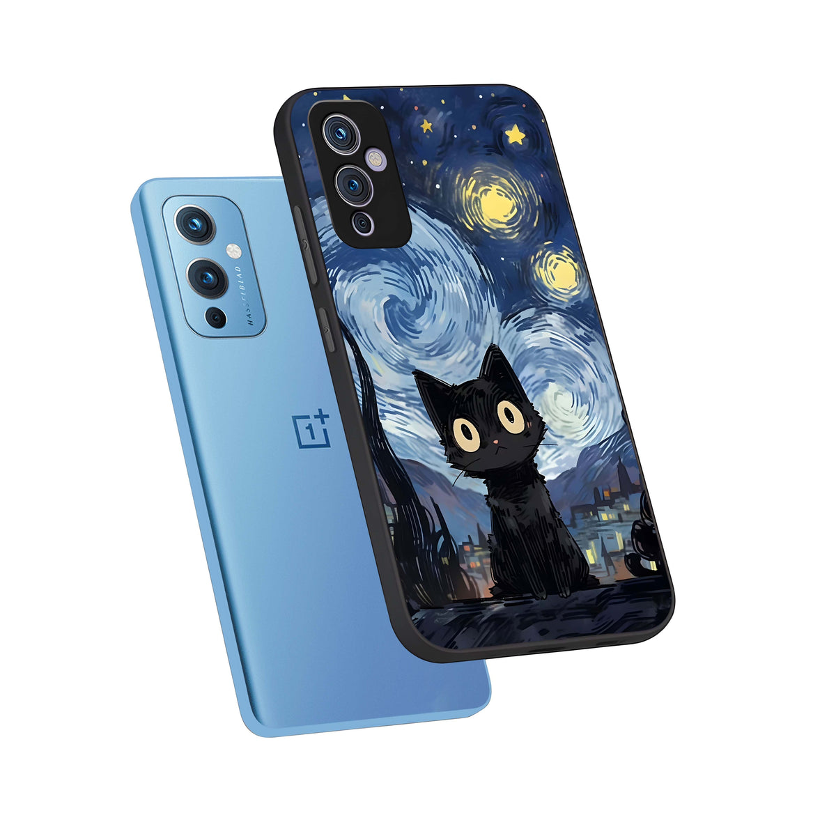  Van Gogh Cat phone case For OnePlus 9 showing premium glass back cover with detailed artwork