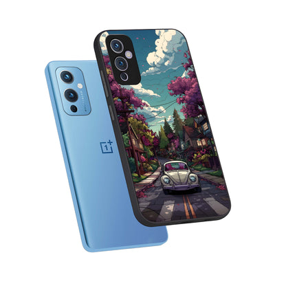  Vintage Street Drive phone case For OnePlus 9 showing premium glass back cover with detailed artwork