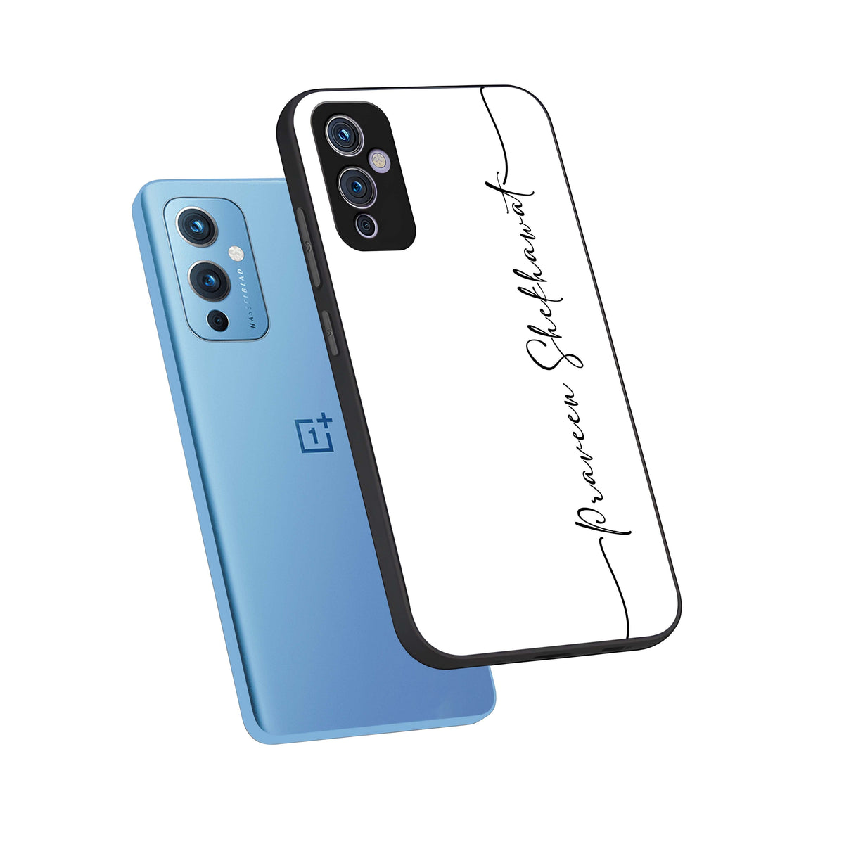  White Tune Custom Name phone case For OnePlus 9 showing premium custom name glass back cover
