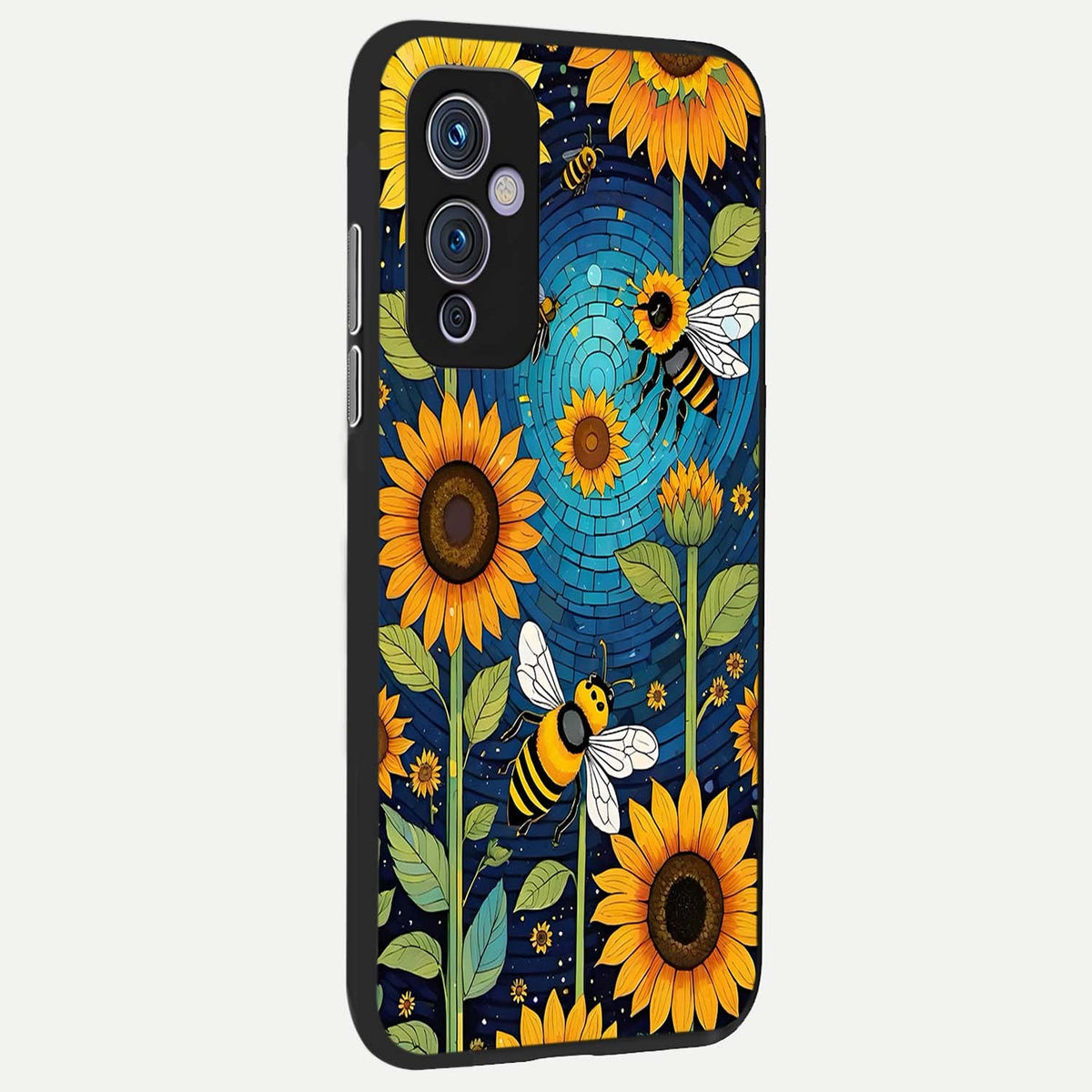  Bees And Sunflowers back cover For OnePlus 9 slim fit glass case with vibrant aesthetic design