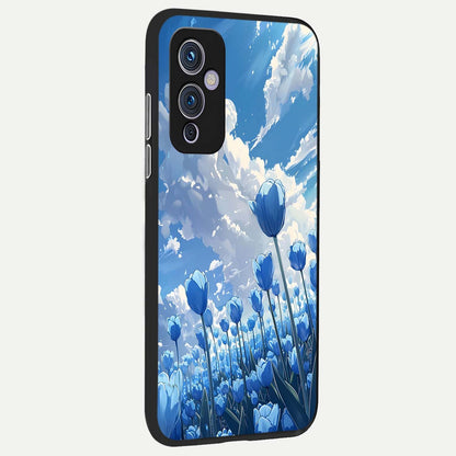  Blue Tulip Clouds back cover For OnePlus 9 slim fit glass case with vibrant aesthetic design